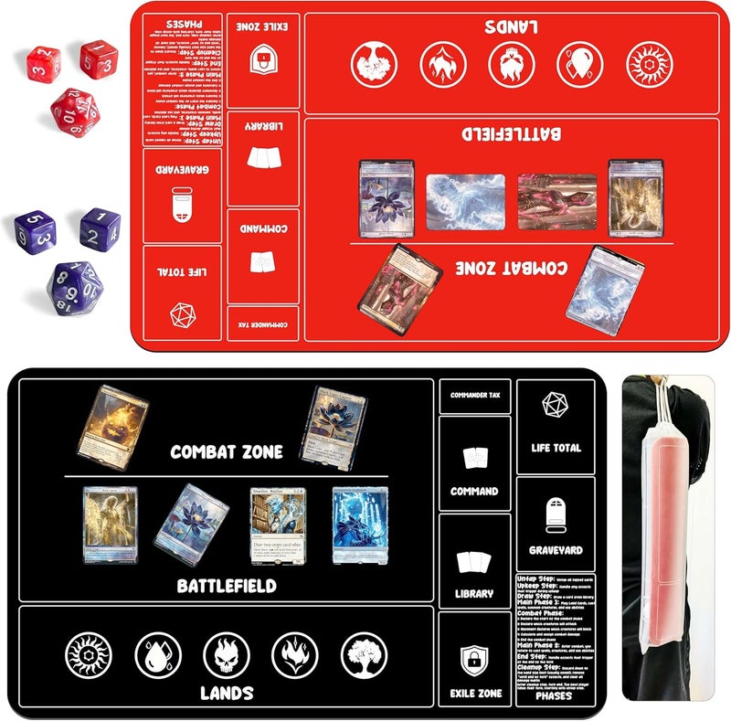 HaoSiTeck Card Game Playmats MTG Playmat for Beginner 2 Pack with Dices, Magic Mat Commander Deck Card Playmat for TCG MTG Accessories Play Mat 24x14 Inches Duel Card Battles, Black/Red - Image 1